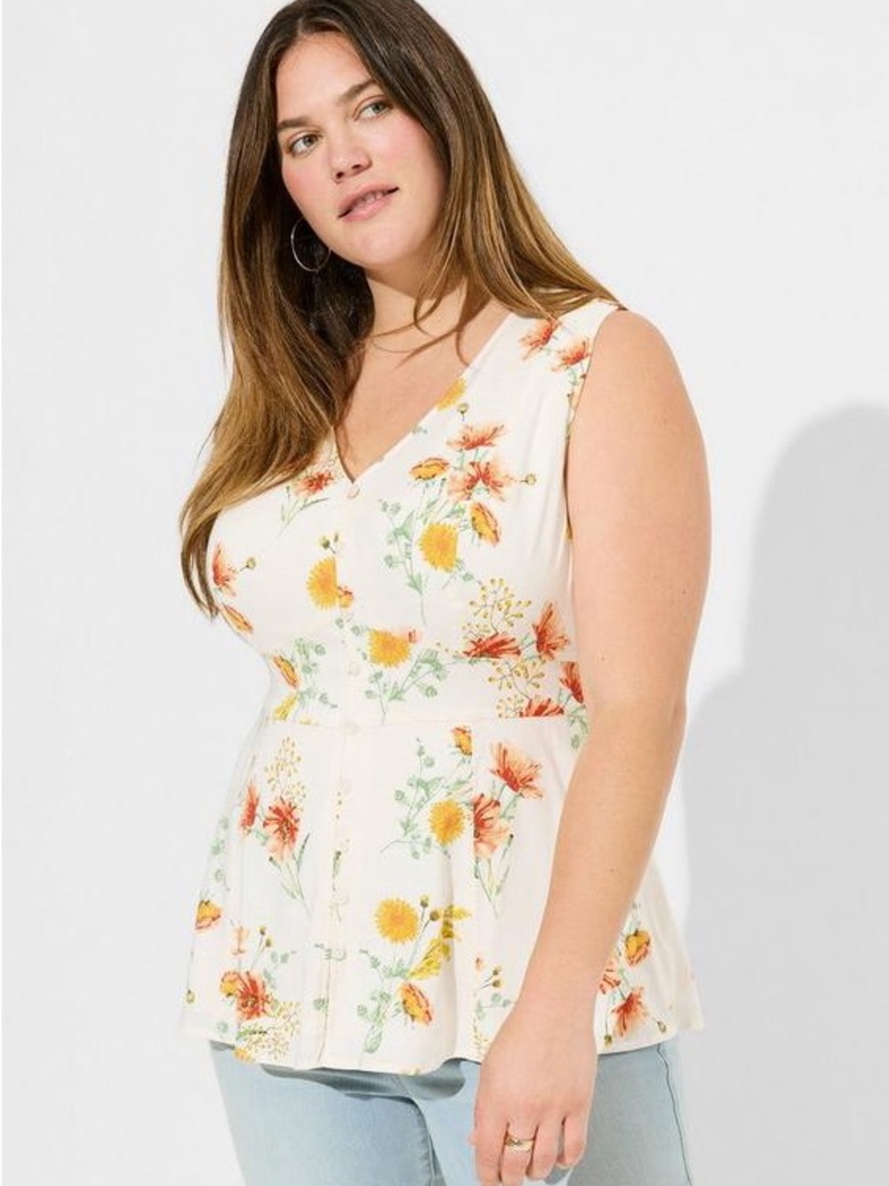 torrid Floral Slub Button Up Tank with Waist Detail